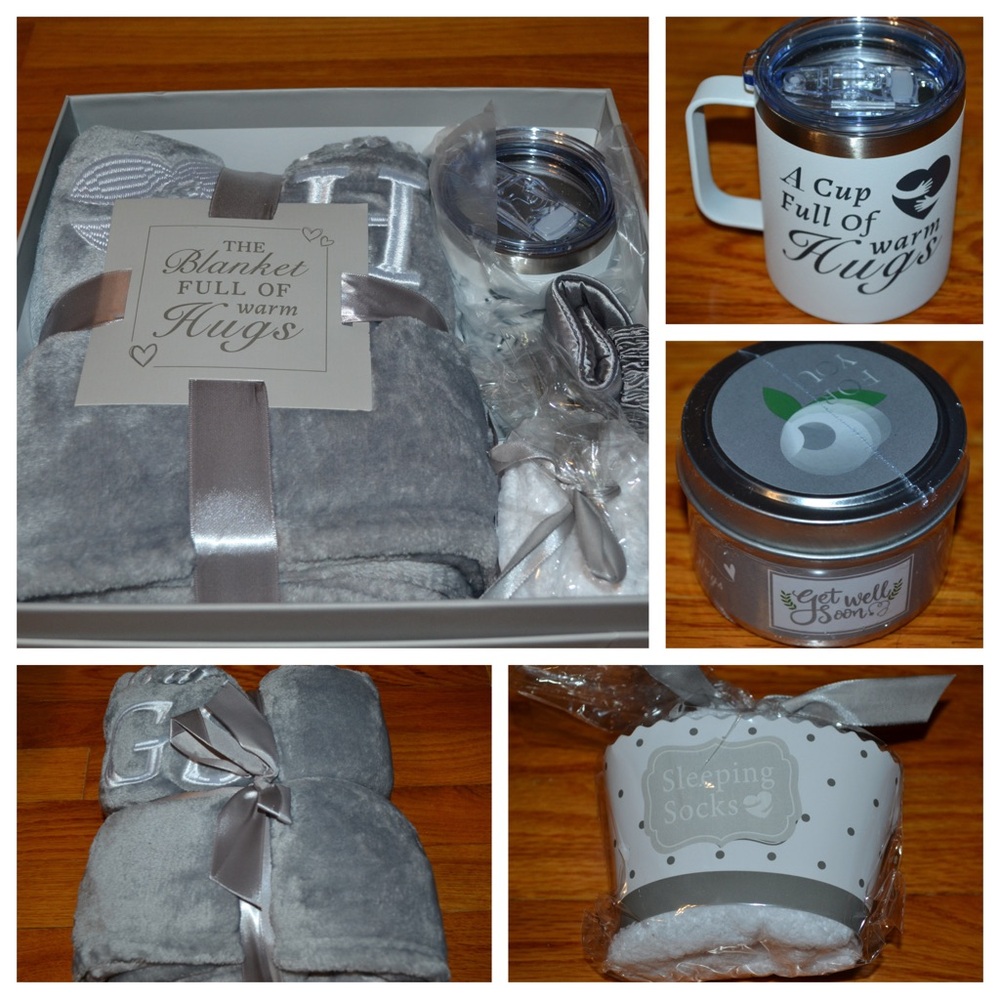Get Well Soon Gift Set - Gray Blanket, Mug, Candle, Socks, Eye Mask - NEW